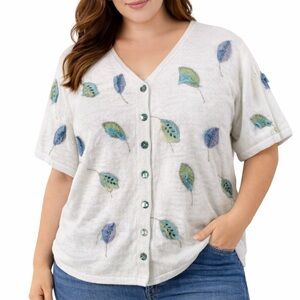 Susan Bristol White SS Sweater Pastel Embroidered Beaded Sequin Leaf Leaves XL